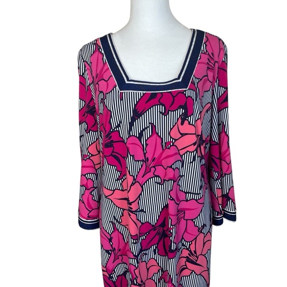 Laundry By Shelli Segal Navy Stripe Pink Floral Dress Medium Lilly Flower Casual - Picture 2 of 10